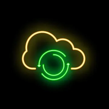Neon green refresh icon glowing inside a yellow cloud on black background Stock Illustration