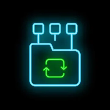 Neon green refresh icon inside blue folder on black background Stock Illustration