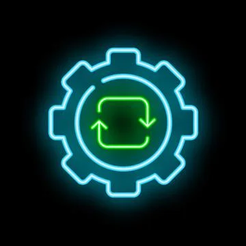 Neon green refresh icon inside a blue cogwheel over black background Ilustração Stock