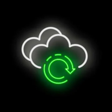 Neon green refresh icon with rotating arrows and clouds overlaying, represent Illustrazione stock