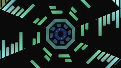 Neon Green Sci-Fi Octagon Tunnel and Audio Spectrum Loop Vídeo Stock 331549287
