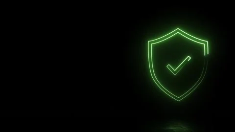 Neon green shield with checkmark on reflecting floor for digital security Stock Footage 345600740