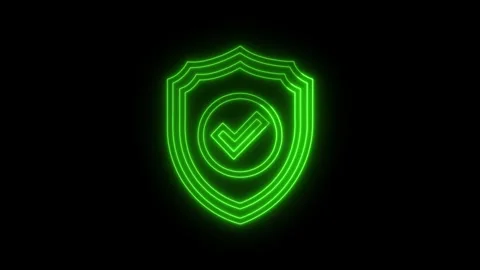 Neon green shield icon with checkmark symbol glowing on black background. Stock Footage 346168135