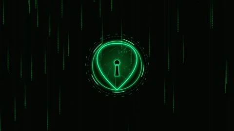 Neon green shield lock icon rotates amidst digital matrix binary code backg.. Stock Footage 342278980