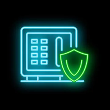 Neon green shield protecting a blue neon safe on black background Illustrazione stock