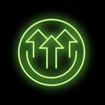 Neon green smiley face with three up arrows on black background Stock Illustration