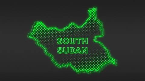 Neon Green South Sudan Map Outline Futuristic Digital Glow Halftone Illustration Illustrazione stock