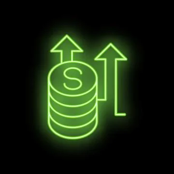 Neon green stack of coins with growing up arrows on black background Stock Illustration
