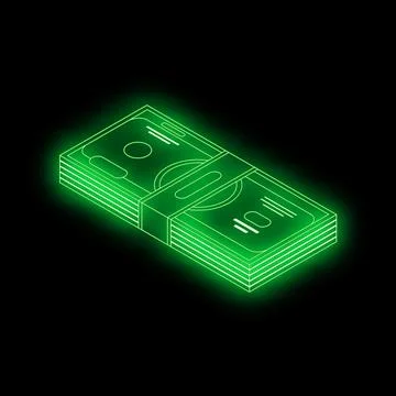 Neon green stack of money glowing on black background Illustrazione stock