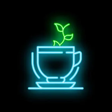 Neon green tea cup logo with steam forming leaves Stock Illustration