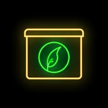 Neon green tea leaf logo glowing on black background Stock Illustration