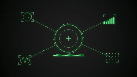 Neon green tech HUD dashboard with multiple readout panels meters charts 库存影片 335192913