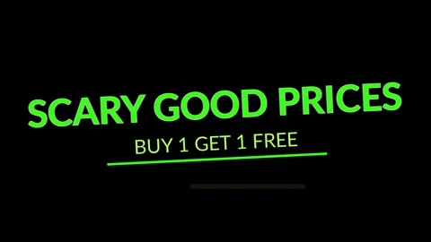 Neon green text message with a buy 1 get 1 free offer on a black background Vídeo Stock 345757476