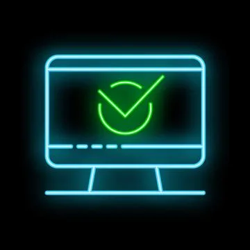 Neon green tick icon inside a monitor displaying on black background 库存插图