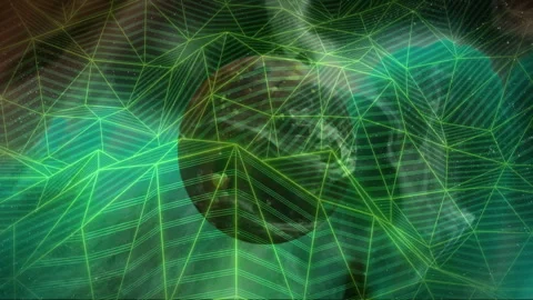 Neon-green triangular grid shifting triggers central sphere rotating to reveal Stock Footage 311507897