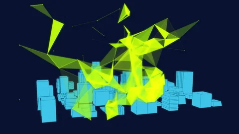 Neon green triangular mesh emerging above blue squares, expanding and stacking Stock Footage 312240537