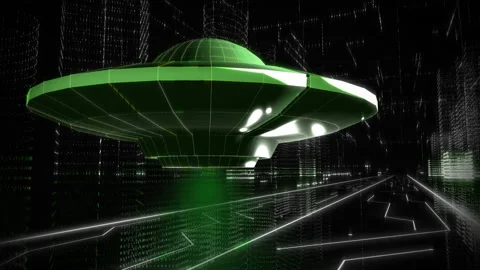 Neon Green UFO Model Hovering In A Matrix City Made By Network Code Program Video stock 158284025