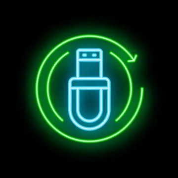Neon green usb flash drive icon circulating in green circle Stock Illustration
