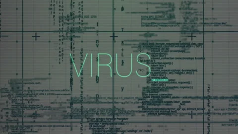 Neon-green virus text pulsating glitch lines sweeping grid causing code Stock Footage 312639428