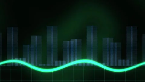 Neon green wave line graph with blue bars on black background. Stock Footage 336248693