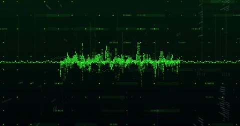 Neon-green waveform growing and pulsing after data spike, merging with code Stock Footage 328656876