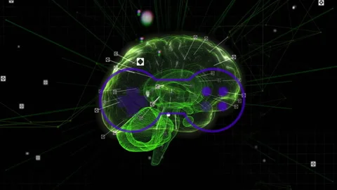 Neon green wireframe brain interacting with purple game controller in tech Stock Footage 309144245
