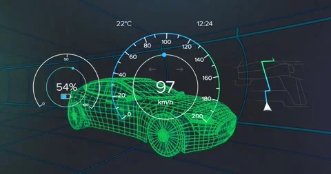 Neon green wireframe car being animated inside 3D grid showing speedometer Stock Footage 329565617