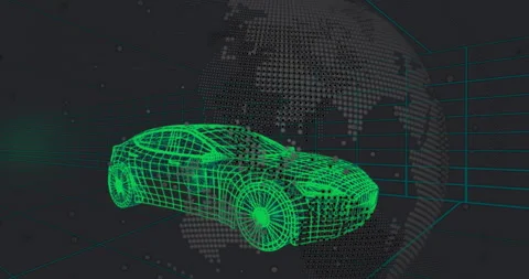 Neon green wireframe car hovering inside 3D grid with teal panels and code Stock Footage 309283429