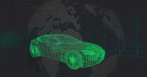 Neon green wireframe car hovering in virtual space, with dotted globe map and Stock Illustration