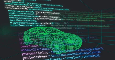 Neon green wireframe car model being visualized in digital CAD space, surrounded 스톡 동영상 307443677