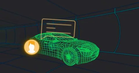 Neon green wireframe car model spinning inside grid tunnel, with holographic UI Stock Illustration