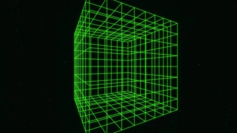 Neon green wireframe cube rotating against dark space background for digita.. Stock Footage 342784447