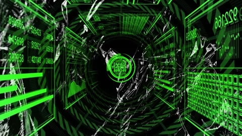 Neon green wireframe data tunnel starting scan pulse, ribbons sweeping, readouts Stock Footage 329870367
