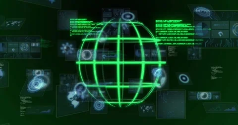 Neon-green wireframe globe receiving stream, rotating and assembling HUD panels Stock Footage 331161111