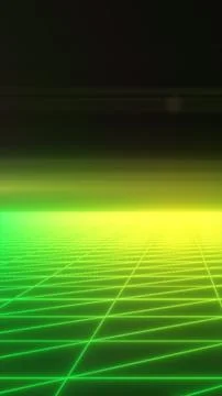 Neon green wireframe grid stretching to a glowing horizon, creating a futur.. 스톡 일러스트