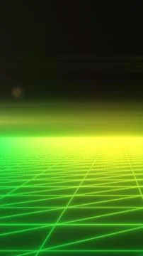 Neon green wireframe grid stretching to a glowing horizon, creating a futur.. Stock Illustration