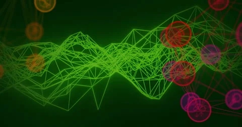 Neon green wireframe mesh undulating with red magenta nodes pulsing showing data Stock Footage 312639447