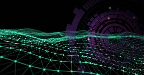Neon-green wireframe mesh waves flowing in virtual space, with teal nodes and Illustrazione stock