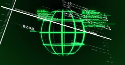 Neon green wireframe sphere spinning in digital interface showing angled code Vídeo Stock 309285002