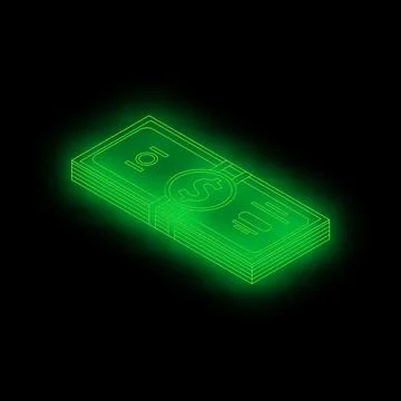 Neon green wireframe style dollar bill stack glowing on black background Stock Illustration