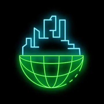 Neon green world with blue buildings on top growing upwards Ilustración de archivo