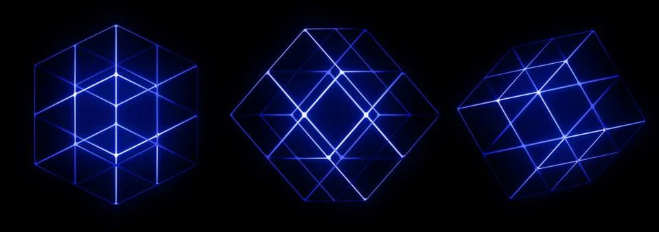  Neon grid graphic elements. Wireframe 3D cubes x3, in a modern graphic te... Stock Photos