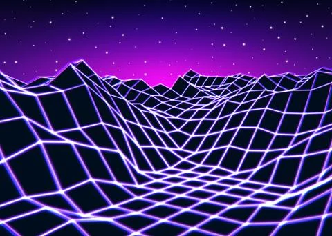 Neon grid landscape with retro wave game style Stock Illustration