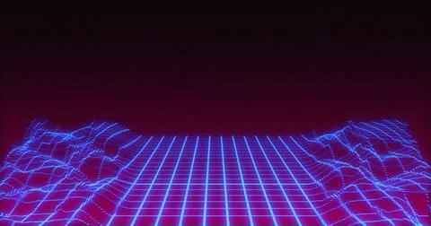 Neon grid lines moving in waves against red background Illustrazione stock