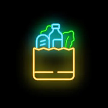 Neon grocery bag shining with bread, milk bottle, and lettuce Stock Illustration