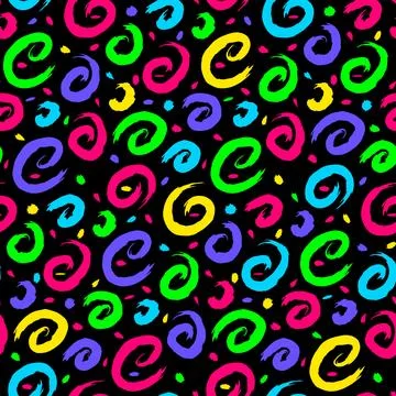 Neon grunge pattern with colorful hand-drawn curls, spirals, swirls, and Stock Illustration
