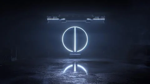 Neon gyroscope of nested rings on a stand in dark fog Stock Illustration