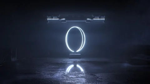 Neon gyroscope rings rotating on a stand in a dark foggy space Stock Footage 346781409