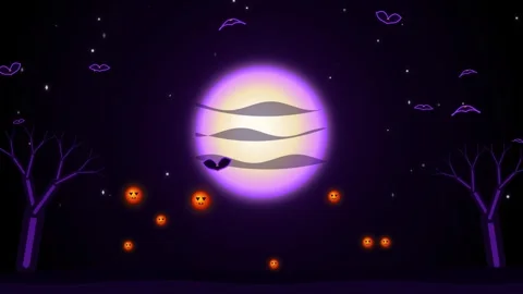 Neon Halloween Full Moon Flying Bats Floating Pumpkins Loop Video stock 344847519