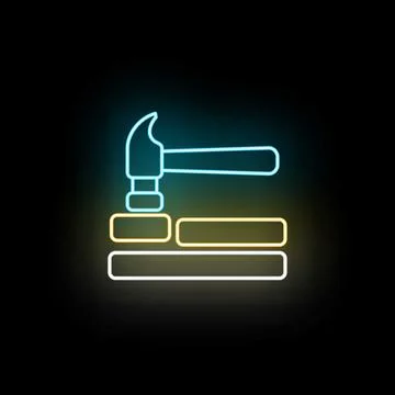 Neon hammer icon hitting construction blocks Stock Illustration
